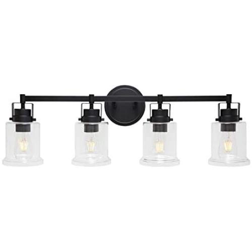 VINLUZ Farmhouse 4-Lights Bathroom Vanity Light Black Modern Wall Lighting with Clear Glass Shade Over Mirror, Industrial Wall Light Fixtures Sconce for Living Room Bedroom Dining Room Hallway