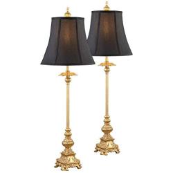 Juliette Traditional Buffet Table Lamps Set of 2 Gold Intricate Details Black Fabric Bell Shade for Dining Room - Regency Hill