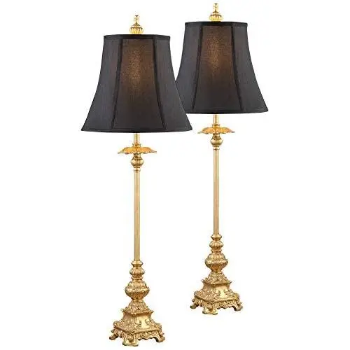 Juliette Traditional Buffet Table Lamps Set of 2 Gold Intricate Details Black Fabric Bell Shade for Dining Room - Regency Hill