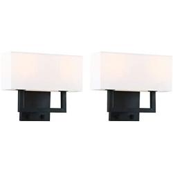 Permo Set of 2 Single Wall Sconce with Twin Head and Twin On/Off Switch Button Living Room Bedside Nightstand Light Fixture with White Textile Shades (Black)