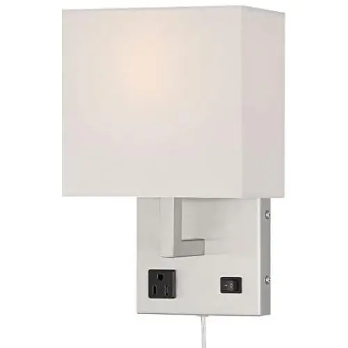 HomeFocus Bedside Wall Lamp Light with Outlet,Living Room Wall Lamp Light,Wall Sconces, Metal Satin Nickel, White Fabric Shade,Top Quality for Home and Hotel.
