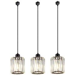 Kiven Set of 3 Track Lighting Pendants,Modern Crystal Pendant Light for Kitchen Island Counter Bar Dining Room Bedroom, Cylinder Crystal Pendant Lighting Fixture, Matte Black Finish