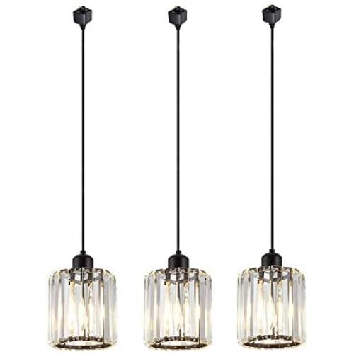 Kiven Set of 3 Track Lighting Pendants,Modern Crystal Pendant Light for Kitchen Island Counter Bar Dining Room Bedroom, Cylinder Crystal Pendant Lighting Fixture, Matte Black Finish