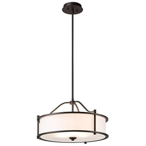 Pendant Lighting 18 inch 3 Light Drum Pendant Light with Fabric Shade and Glass Diffuser in Dark Bronze, Classic Convertible Drum Chandelier for Living & Dinning Room XiNBEi-Lighting XB-P1199-DB