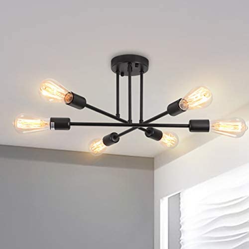 Semi Flush Sputnik Chandelier Ceiling Light 6-Light Modern Flush Mount Lighting Fixture,Black Hanging Pendant Lights for Bedroom Dining Room Living Room(Black)