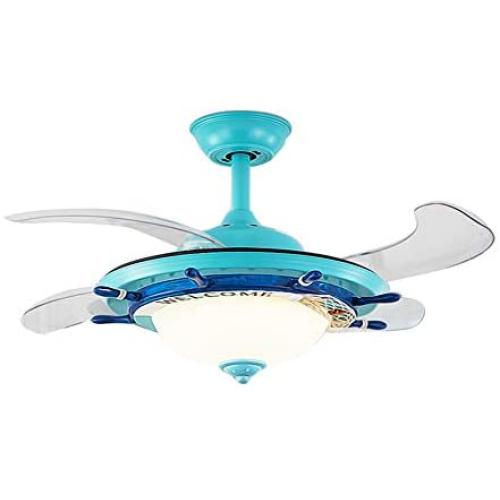 LITFAD Modern LED Ceiling Light Nautical Style Reversible Dome Shade Metal Hanging Ceiling Fan Light with Invisible Blade Flushmount Pendant Light for Living Room Kids Bedroom Childrens Room - Blue