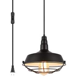 Pendant Light with Plug in 15Ft Braided Cord and Switch Rustic Hanging Lamp with Metal Cage Shade Vintage Swag Lighting for Kitchen Island Dining Room Bar Counter(BLACK-10.23'')