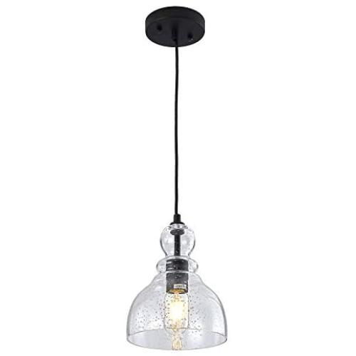 Industrial Pendant Lighting, 1-Light Adjustable Ceiling Lamp in Black Finish, Farmhouse Hanging Light Fixture with Clear Seeded Glass Shade for Dining Room, Living Room, Kitchen Island, 40W