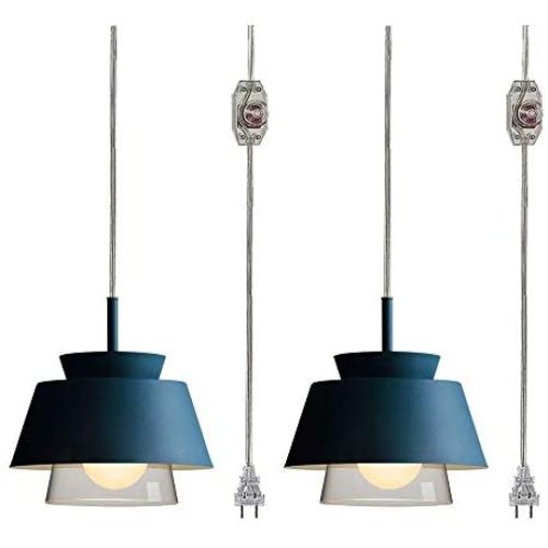 STGLIGHTING Glass Socket Pendant Light with 15ft Plug-in UL On/Off Dimmer Switch Cord Lampshade Light Iron Fixtures Nordic Minimalist Lamps for Dining Room Bulbs Not Included 2-Pack,Sea Blue