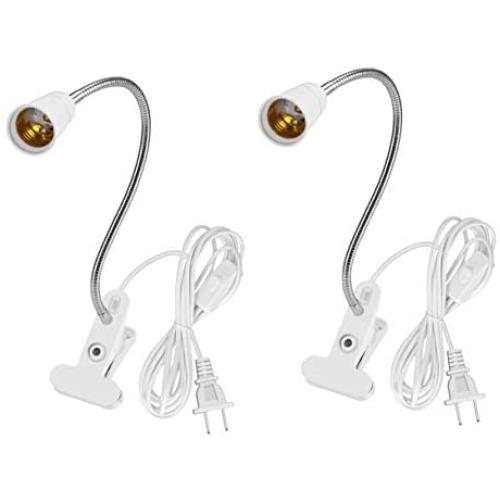 E26 E27 Clip Desk Lamp Holder, 2-Pack Clamp Lamp Socket with On/Off Switch and 6.8Ft Cable, Flexible Gooseneck Light Bulb Socket Lighting Fixture for Reading Light Plant Grow Lights