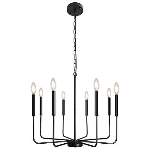 Farmhouse Chandelier 8 Light Rustic Industrial Candle Ceiling Light Fixture for Dining Room Living Room Kitchen Island Foyer Bedroom Pendant Lighting, Black