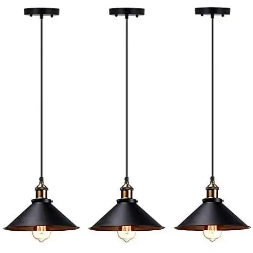 T&A Industrial Edison Kitchen Pendant Light 3-Pack Antique Brass Hanging Lighting Fixture for Dining Room Restaurant Bar(Black)