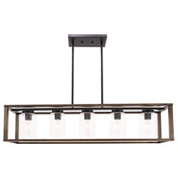 VINLUZ Wood Chandeliers Farmhouse Rectangle Pendant 5 Light Natural Wooden Frame Clear Glass Shade Modern Dining Room Lighting Black Walnut Color Industrial Kitchen Island Foyer Light Fixture Hanging