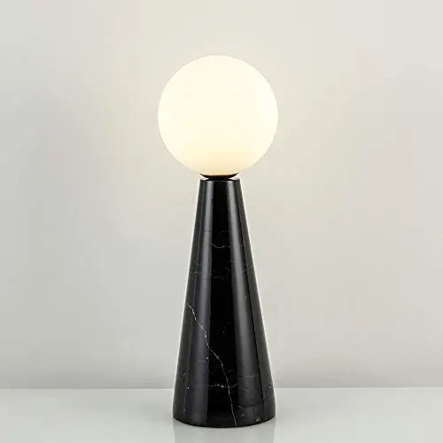 KWOKING Modern Milk Glass Shade Ball Desk Light 1 Bulb Table Lamp with Tapered Marble Base Creative Office Nightstand Lamp for Study Room Living Room in Black