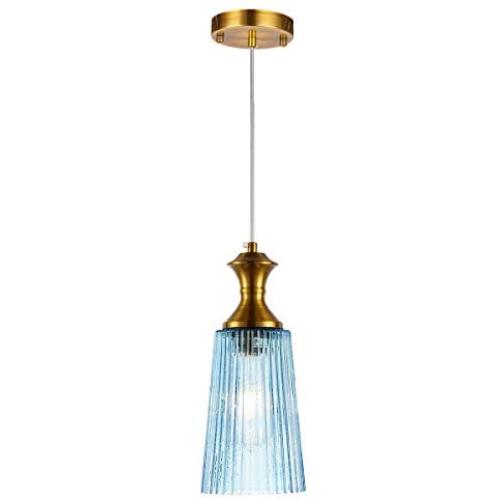 SYDTOP Modern Blue Glass Pendant Light with Cylindrical Shape Brushed Brass Mini Hanging Light Fixture 1-Light Seeded Glass Pendant Lighting for Kitchen Island Counter Loft Bar Shop