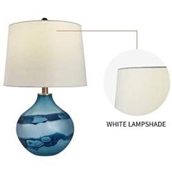Maxax Glass Table Lamp Set of 2 Blue Nightstand Lamp with White Drum Shade Beside lamp for Bedroom, Living Room, or Office