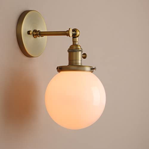 Pathson Industrial Wall Sconce with White Globe, Brass Bathroom Vanity Light with On Off Switch, Vintage Wall Light Fixtures for Living Room Loft Hallway