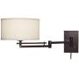 Aluno Modern Swing Arm Wall Lamp Bronze Plug-in Light Fixture Ivory Cotton Blend Drum Shade for Bedroom Bedside Living Room Reading - Possini Euro Design