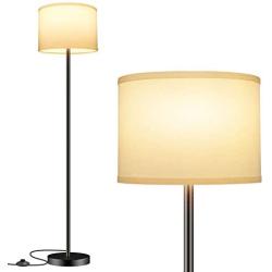 LED Floor Lamp Simple Design, Modern Standing Lamp with Shade,Tall Lamp for Living Room Bedroom Office Study Room, Black Pole Lights with Foot Switch, White Stand Up Lamp Fabric, E26 Base