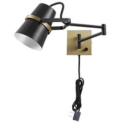 Globe Electric 51345 McKibbin 1-Light Hardwire Swing Arm Wall Sconce, Matte, Brass Accents, 6ft Black Woven Fabric Cord, Flat Plug, Rotary On/Off Switch, 6.4''