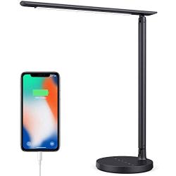 Pxwaxpy LED Desk Lamp, Multifunctional Eye-Caring Table Lamp with USB Charging Port, 4 Lighting Modes with 7 Brightness Levels 18W Touch Control Dimmable Office Lamp Foldable Reading Lamp with Adapter