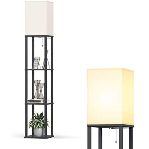 Addlon LED Modern Shelf Floor Lamp with White Lamp Shade and LED Bulb - Display Shelves Floor Lamps for Living Room Bedroom and Office - Classic Black