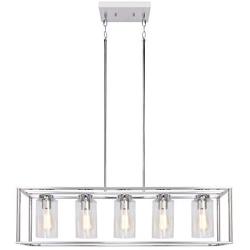 FIMITECH Chandeliers Contemporary Rectangle 5-Light Dining Room Lighting, Adjustable Rods, Fixtures Hanging, Ceiling Light Kitchen Island Cage Pendant Lights with Glass Shade (Chrome)