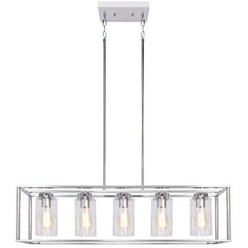 FIMITECH Chandeliers Contemporary Rectangle 5-Light Dining Room Lighting, Adjustable Rods, Fixtures Hanging, Ceiling Light Kitchen Island Cage Pendant Lights with Glass Shade (Chrome)