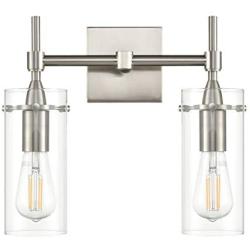 Effimero Brushed Nickel Bathroom Vanity 2 Light Fixture - Modern Over Mirror Lighting with Clear Glass Shades