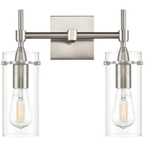 Effimero Brushed Nickel Bathroom Vanity 2 Light Fixture - Modern Over Mirror Lighting with Clear Glass Shades