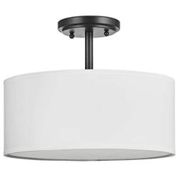 Off White Fabric Drum Shade semi Flush Mount Ceiling Led Light PS Diffuser with Oil Rubbed Bronze Finish, Chandeliers Shade for Bar, Dining Room, Corridor,Living Room.16'' 3 Light