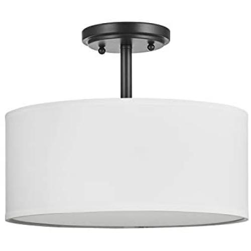 Off White Fabric Drum Shade semi Flush Mount Ceiling Led Light PS Diffuser with Oil Rubbed Bronze Finish, Chandeliers Shade for Bar, Dining Room, Corridor,Living Room.16'' 3 Light