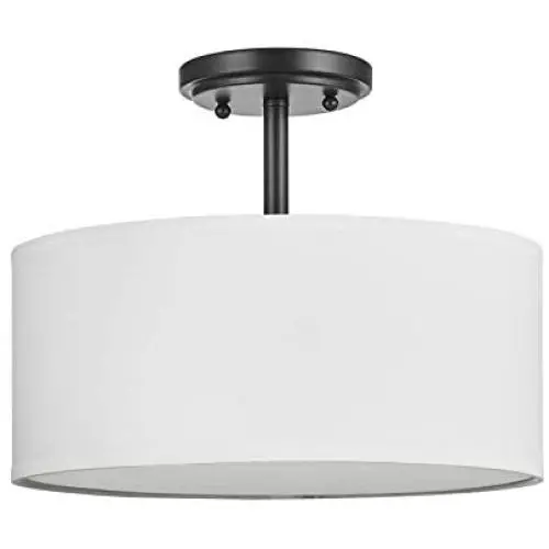 Off White Fabric Drum Shade semi Flush Mount Ceiling Led Light PS Diffuser with Oil Rubbed Bronze Finish, Chandeliers Shade for Bar, Dining Room, Corridor,Living Room.16'' 3 Light