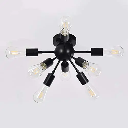 Ceiling Light Fixture Flush Mount 8 Sockets Sputnik Chandeliers Vintage Mid-century Home Improvement Decor Lamp E26 Bulbs Base, Black