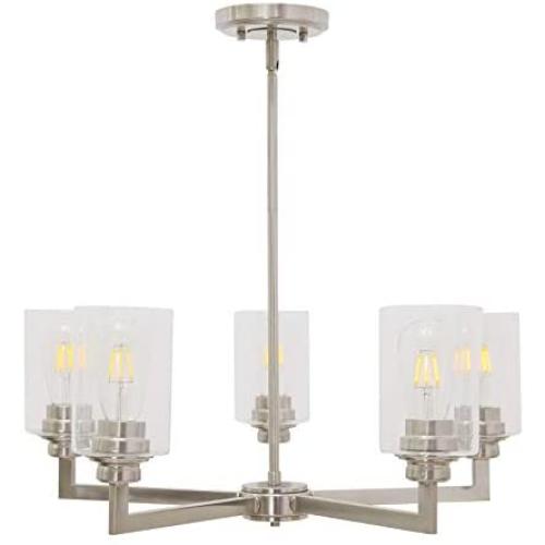 VINLUZ 5-Light Modern Chandeliers Dining Room Lighting Fixtures Brushed Nickel Finished with Clear Glass Shade Contemporary Hanging Pendant Light for Living Room Kitchen Island Bedrooms