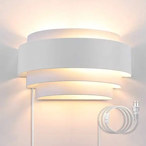 Bjour Modern Wall Sconces Plug in Up Down Wall Sconce White Bedroom Wall Lamp Metal Shade Wall Mounted Lamps with 6FT Plug in Cord for Bedroom Living Room Hallway, Warm White, 7W
