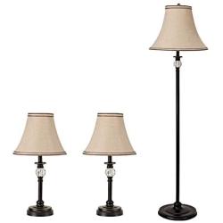 GZBtech Farmhouse Living Room Lamp Set of 3, Biege 2 Matching Table Lamps & 1 Floor Lamp, 110V Rustic Linen Lamps with Crystal Ball & Black Metal Base for Reading Room, 58.5 ETL Listed