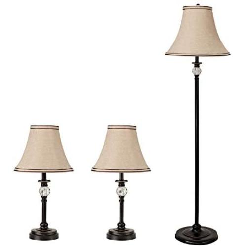 GZBtech Farmhouse Living Room Lamp Set of 3, Biege 2 Matching Table Lamps & 1 Floor Lamp, 110V Rustic Linen Lamps with Crystal Ball & Black Metal Base for Reading Room, 58.5 ETL Listed