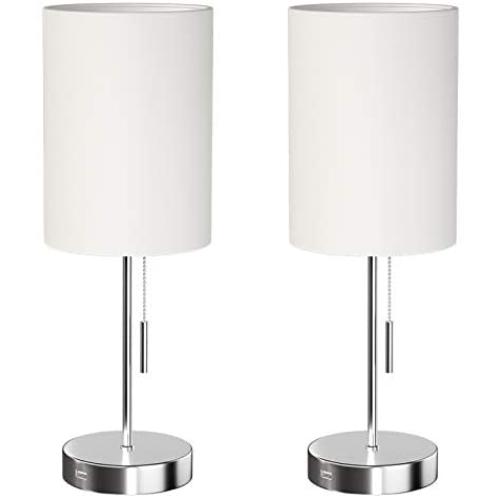 DEEPLITE Small Table Lamp, Bedside Lamp with USB Port, Simple Designed Modern Lamps for Bedrooms Living Room Office Nightstand Side/End Table, Brushed Nickel Metal Base, White Lampshade (Set of 2)
