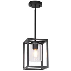 VINLUZ 1 Light Farmhouse Pendant Lighting Black Cage Chandelier Glass Shade Contemporary Modern Kitchen Island Lights Fixtures Ceiling Hanging Dining Room Living Room