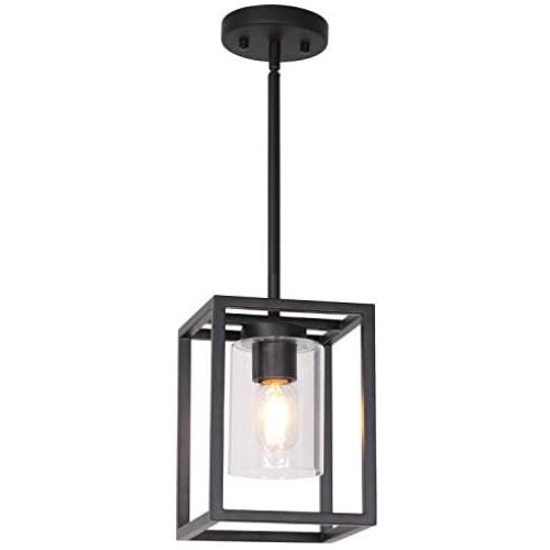 VINLUZ 1 Light Farmhouse Pendant Lighting Black Cage Chandelier Glass Shade Contemporary Modern Kitchen Island Lights Fixtures Ceiling Hanging Dining Room Living Room