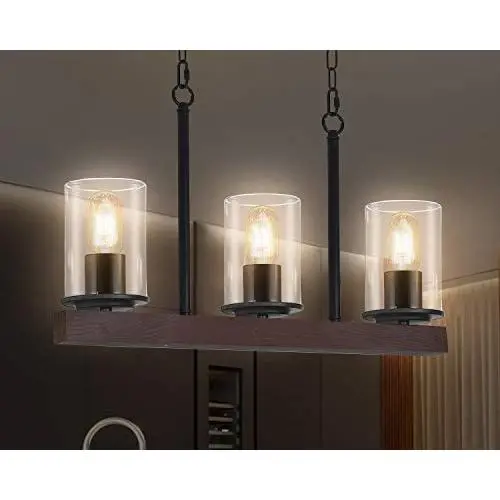 Farmhouse Linear Chandelier,3-Light Retro Wood Linear Pendant Chandelier Fixtures with Glass Shade for Kitchen,Dining Rooms,Drawing Room,Tavern Hanging Lighting. Farmhouse Linear Chandelier,3-Light Retro Wood Linear Pendant Chandelier Fixtures with Glass Shade for Kitchen,Dining Rooms,Drawing Room,Tavern Hanging Lighting.