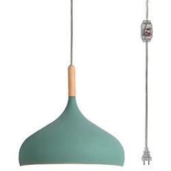 STGLIGHTING Wooden Handle Pendant Light with 15ft Plug-in UL On/Off Dimmer Switch Cord Macaron Green Lampshade Light Fixtures Nordic Minimalist Loft Style Lamps for Dining Room Bulbs Not Included