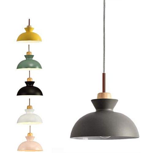 SkyTalent Modern Wooden Handle Pendant Hanging Light, Macaron Pendant Lighting Metal Shade Chandeliers Hanging Lighting Retro Industrial lamp for Dining Room Bulbs Not Included (Grey)