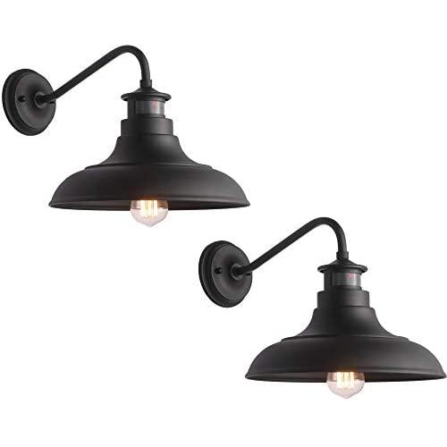 Untrammelife Gooseneck Wall Sconce Barn Lights, Set of 2 Matte Black Farmhouse Outdoor Wall Lights Dusk to Dawn Motion Sensor for House Deck Porch Patio, 10.5x12.25