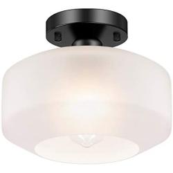 Industrial Ceiling Light Fixture White with Frosted Glass Shade, Black Semi Flush Mount Light Fixture for Hallway Porch Kitchen Entryway Corridor, Farmhouse Close to Ceiling Lights, E26 Base