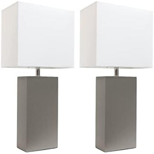 Elegant Designs LC2000-GRY-2PK 2 Pack Modern Leather Table Lamps with White Fabric Shades, Gray, 2 Count