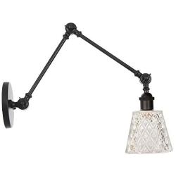 Industrial Vintage Swing Arm Wall Vanity Light Fixture Funnel Flared Pattern Glass Shade for Vanity Bathroom Living Room Light Fixture,Black.