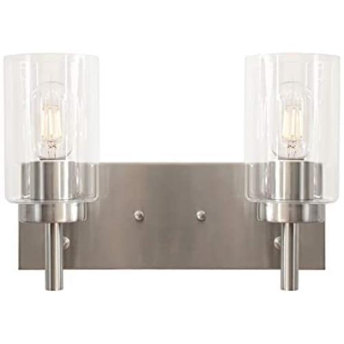 VINLUZ 2 Light Sconces Wall Lighting Brushed Nickel Modern Wall Lamp with Clear Glass Shade Vintage Bathroom Vanity Light, Industrial Wall Mounted Light Fixtures Bedroom Kitchen Stairs VINLUZ 2 Light Sconces Wall Lighting Brushed Nickel Modern Wall Lamp with Clear Glass Shade Vintage Bathroom Vanity Light, Industrial Wall Mounted Light Fixtures Bedroom Kitchen Stairs