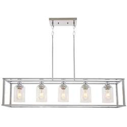 VINLUZ 5 Light Chandeliers Chrome with Clear Glass Shade Modern Industrial Kitchen Island Pendant Lights Linear Dining Room Lighting Fixtures Hanging, Farmhouse Flush Mount Ceiling Light for Bar